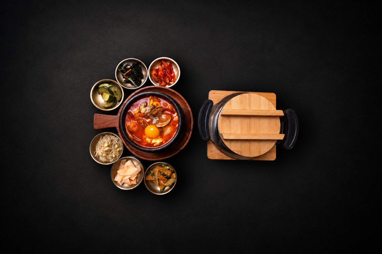 A full table setting with red stew, side dishes, and a covered rice pot