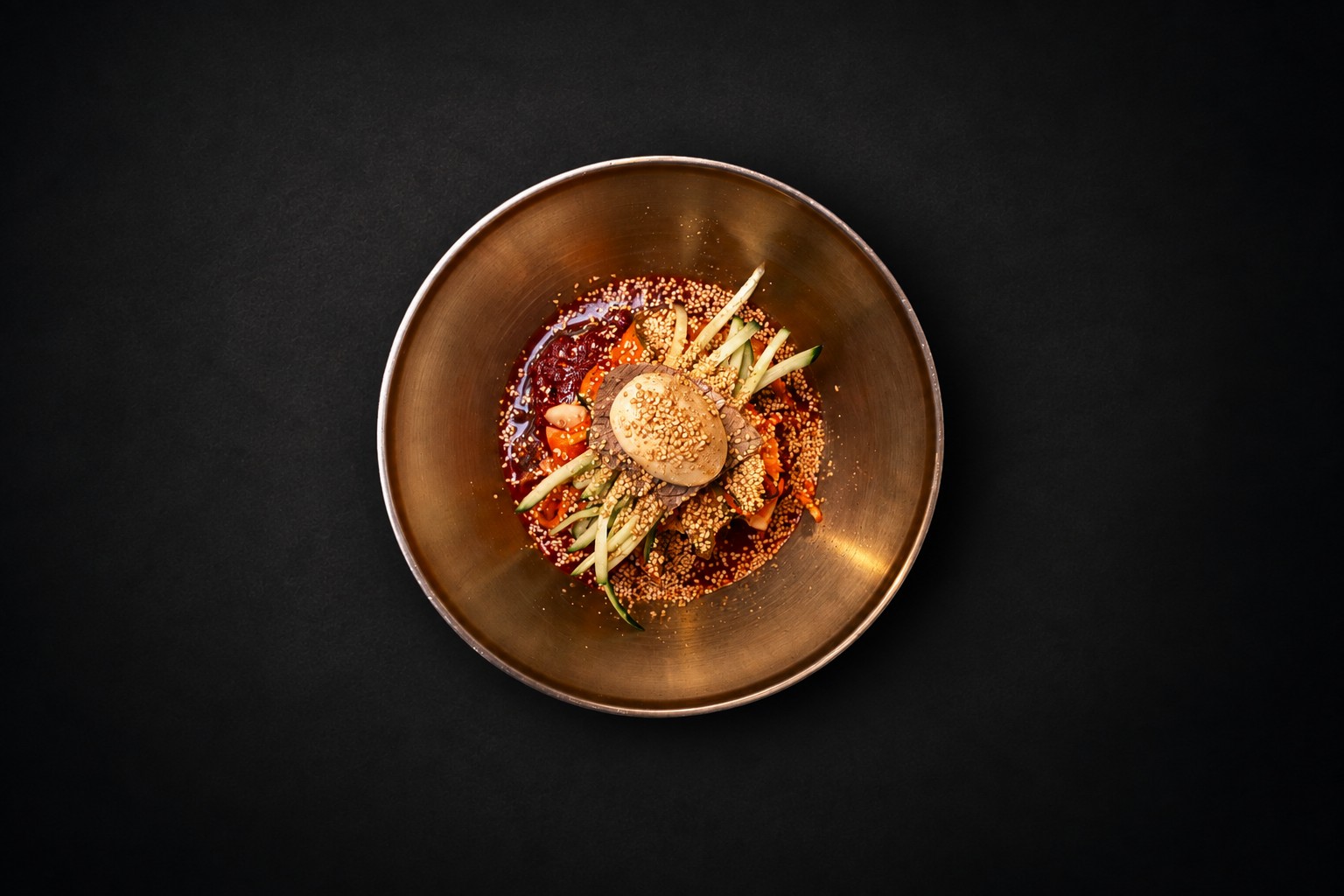 Red-seasoned noodles with cucumber and egg in a golden bowl